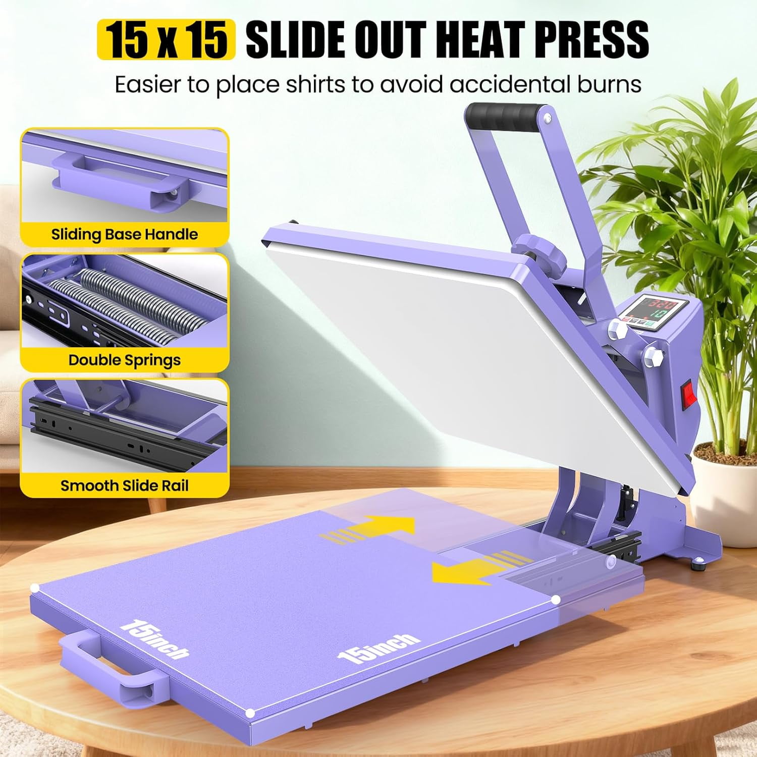 Adnoom Clamshell Heat Press 15x15 with Slide Out Design, Industrial-Quality Sublimation Press with Dual Tube Heating System, Digital Heat Transfer Machine for T-shirt, Mouse Pad, Pillows, Purple