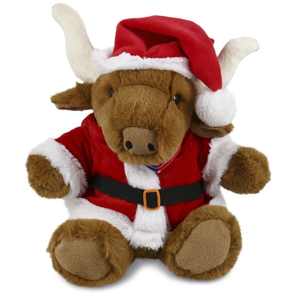 DolliBu Santa Texas Longhorn Stuffed Animal Plush Toy - Super Soft Wild Animal Dress Up with Red Santa Claus Outfit, Wildlife Holiday Christmas Gift - 8 Inches
