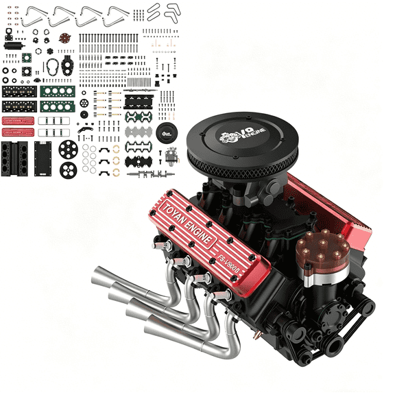 1/10 Scale Mini V8 Engine Model Kit, Water-Cooled Four-Stroke OHV DIY Full Metal Engine, Fully Functional for Education & Display (Engine Kit Only)