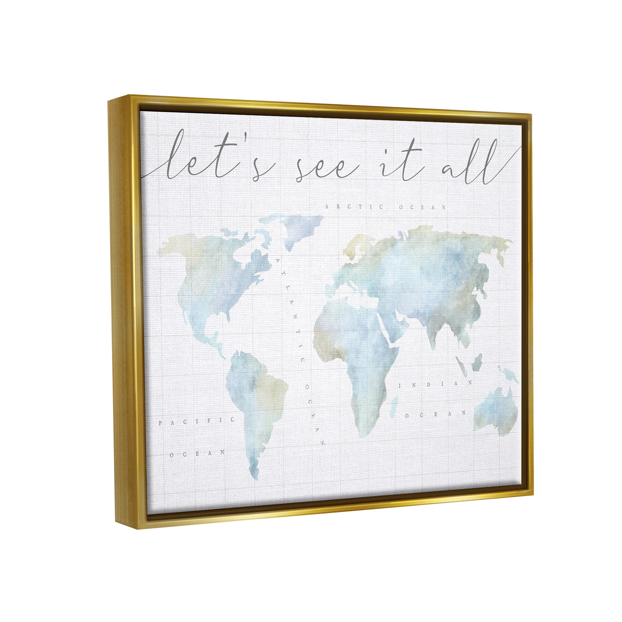 Stupell Industries Let's See It All World Map Typography Painting Gold Floater Framed Art Print Wall Art