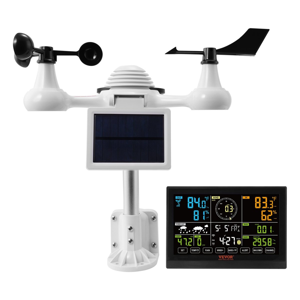 7-in-1 Wi-Fi Weather Station with 7.5" Color Display Home Indoor Outdoor Weather Station Solar-Powered Wireless Outdoor Sensor & Alarm Alerts for Temperature Humidity Wind Speed Direction & Rain