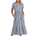 thumbnail image 1 of Staron Robes d'Été pour Femmes en Liquidation à Moins de 10 $ Manches Courtes Longues Fluides à Étages Ligne A Boho Robe Maxi Plage Été Smockée Col Ras du Cou Robes avec Poches Bleu P, 1 of 4