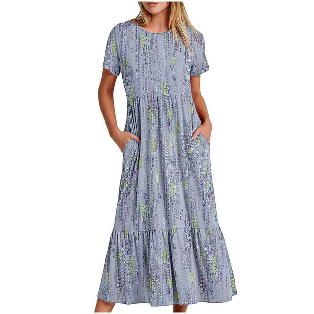 Staron Robe Femme Liquidation à Moins de 10 $ Manches Courtes Bohème Col Rond Robes avec Poches Vacances Smockée Longue Fluide à Étages Ligne A Robe Maxi Bleu G