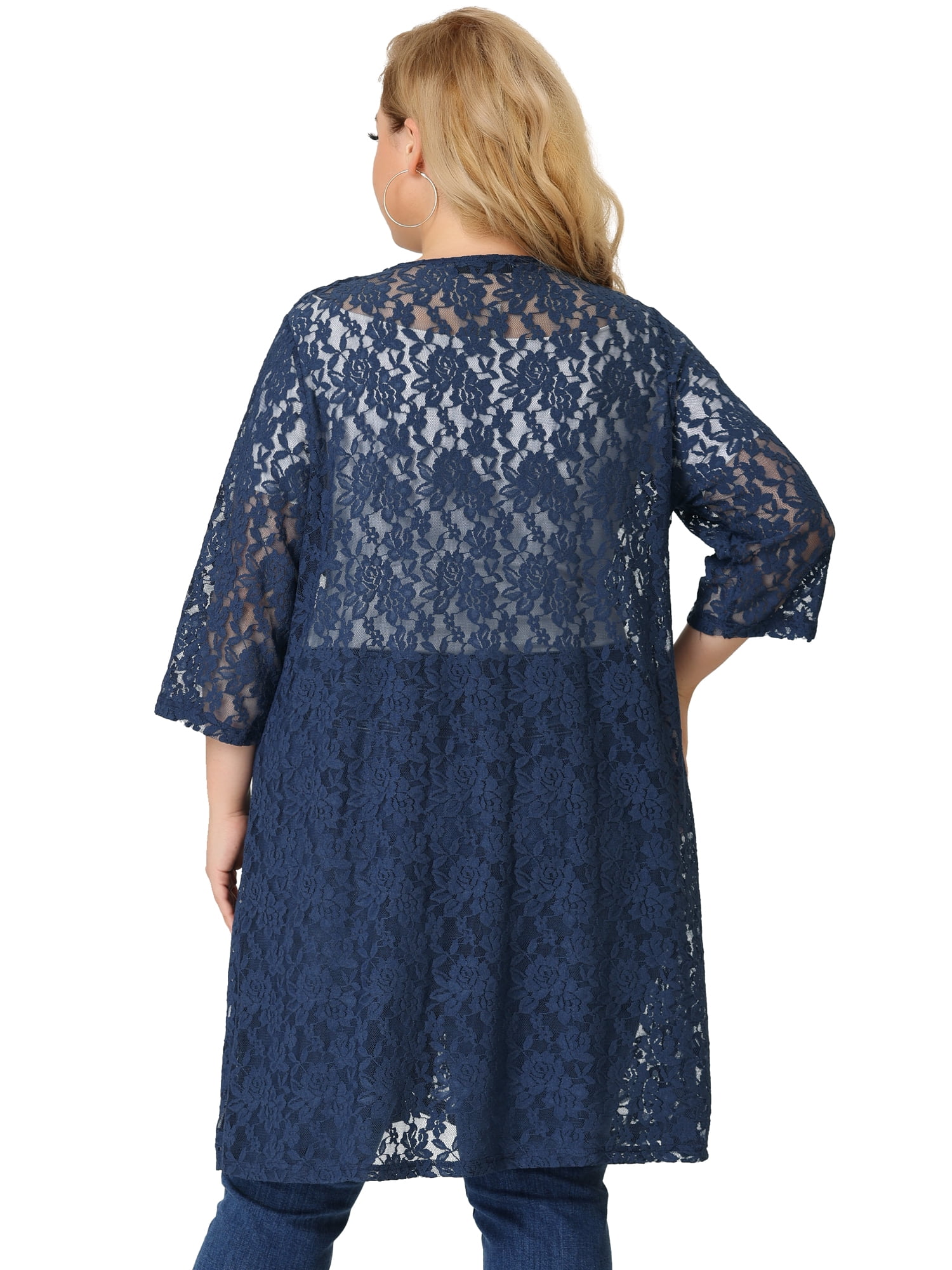 DARING DIVA Women's Plus Size Lace Crochet 3/4 Sleeve Cover Up Jacket 6X Navy