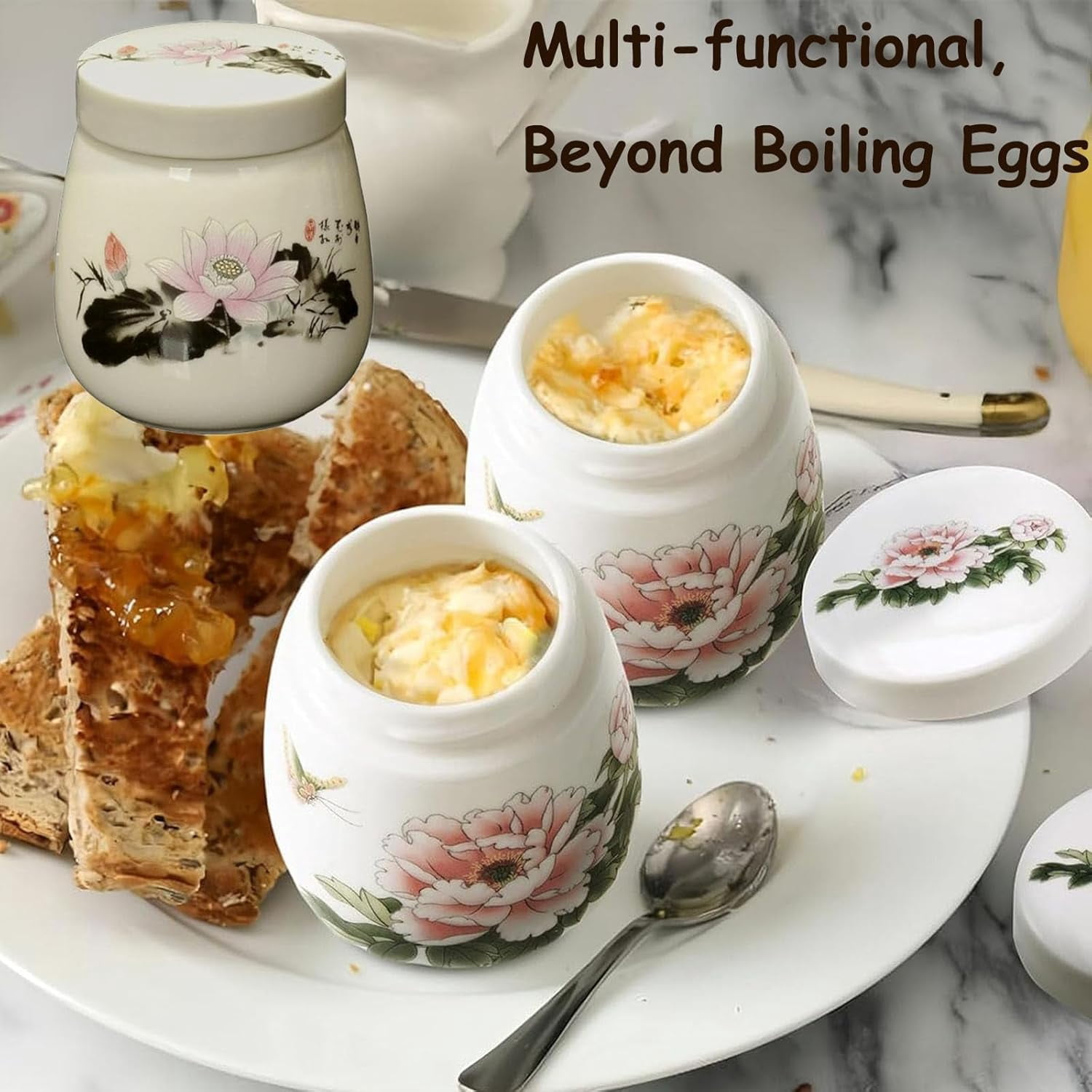 Coddled Egg Cups, Egg Coddlers Sets with Lids, Vintage Ceramic Soft Boiled Egg Cooker, 220ml Porcelain Tableware Breakfast Serving, Single or Double Egg Cooking with a Twistable Ceramic Lid (D, 1Pcs)