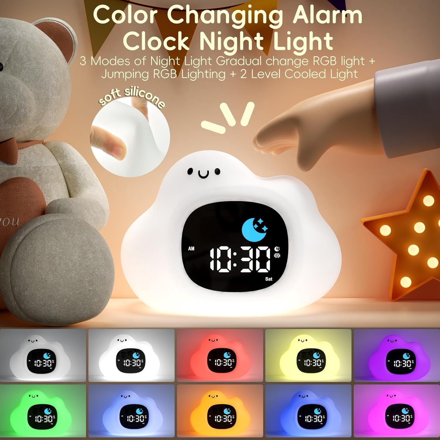 Cloud Alarm Clock with Night Light, USB Rechargeable Sleep Trainer with 6 Music Modes for Bedroom