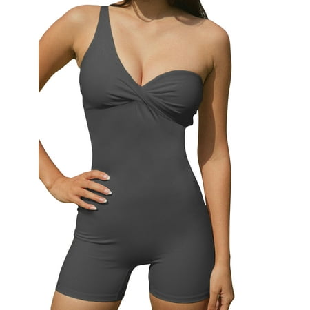 Biezeib Women s Bodycon Jumpsuit Tight Fitted One Shoulder V Neck Sleeveless Front Twist Stretchy Solid Color Shorts Bodysuit