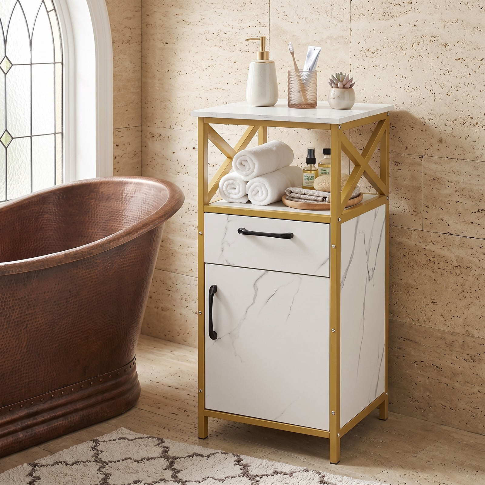 ALPULON Bathroom Storage Cabinet with Drawer, Freestanding Floor Cabinet with Single Door and Open Shelf, Faux Marble Storage Organizer with Golden Metal Frame, White