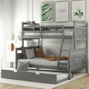 Euroco Wood Twin over Full Bunk Bed with Trundle for Kids & Adults, Gray