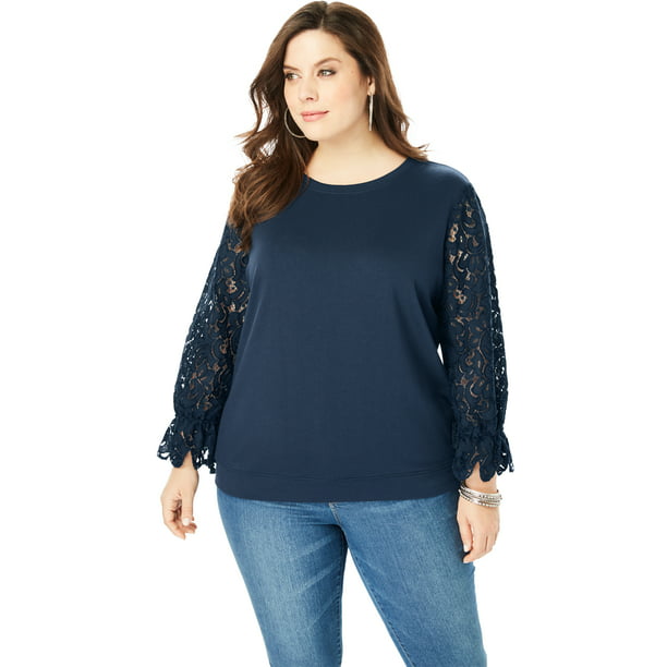 Roaman's Women's Plus Size Lace-Sleeve Sweatshirt With Ties Sweatshirt Walmart.com