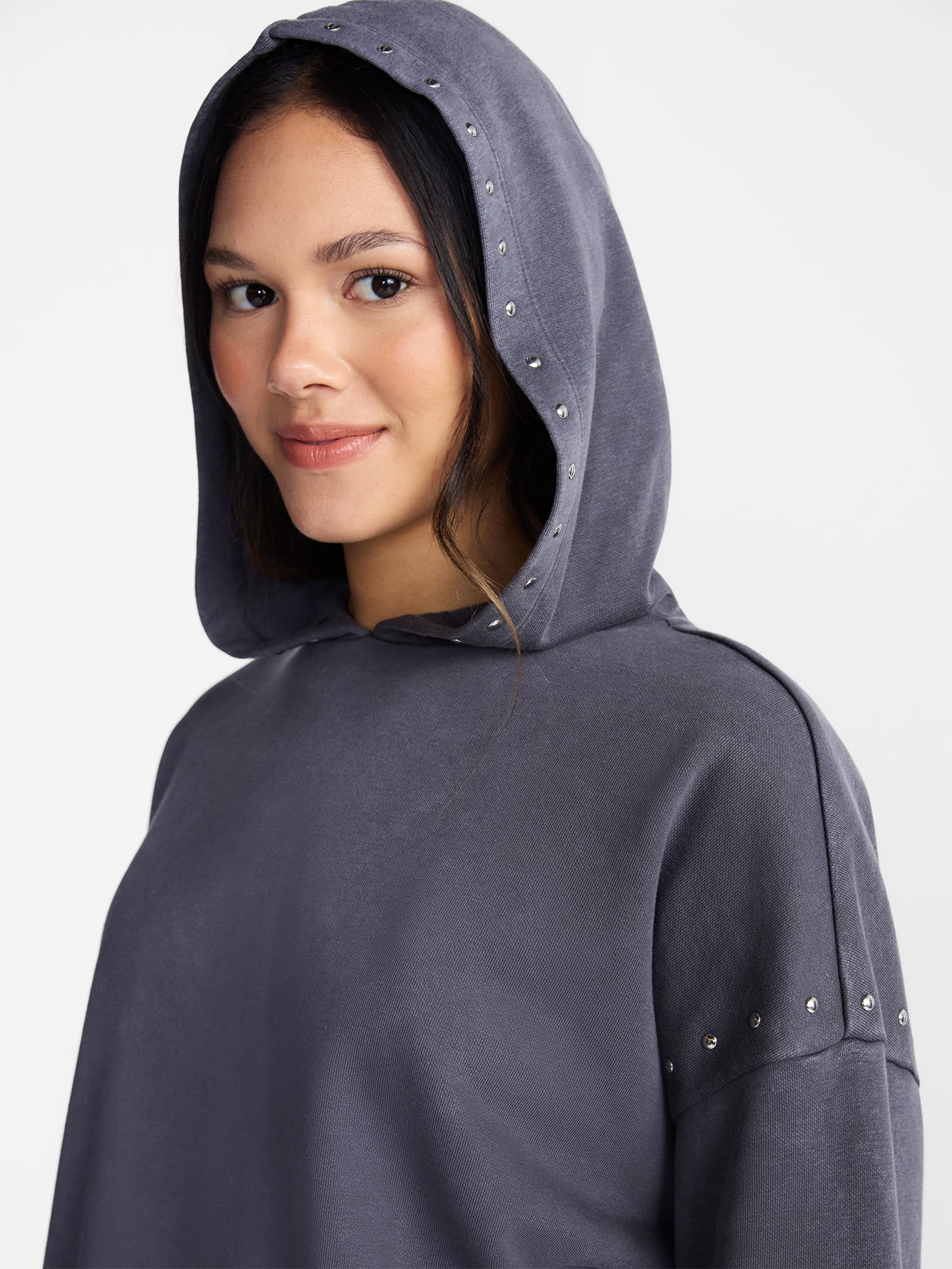 No Boundaries Mineral Wash Studded Fleece Oversized Hoodie, Women's XXS-XXL