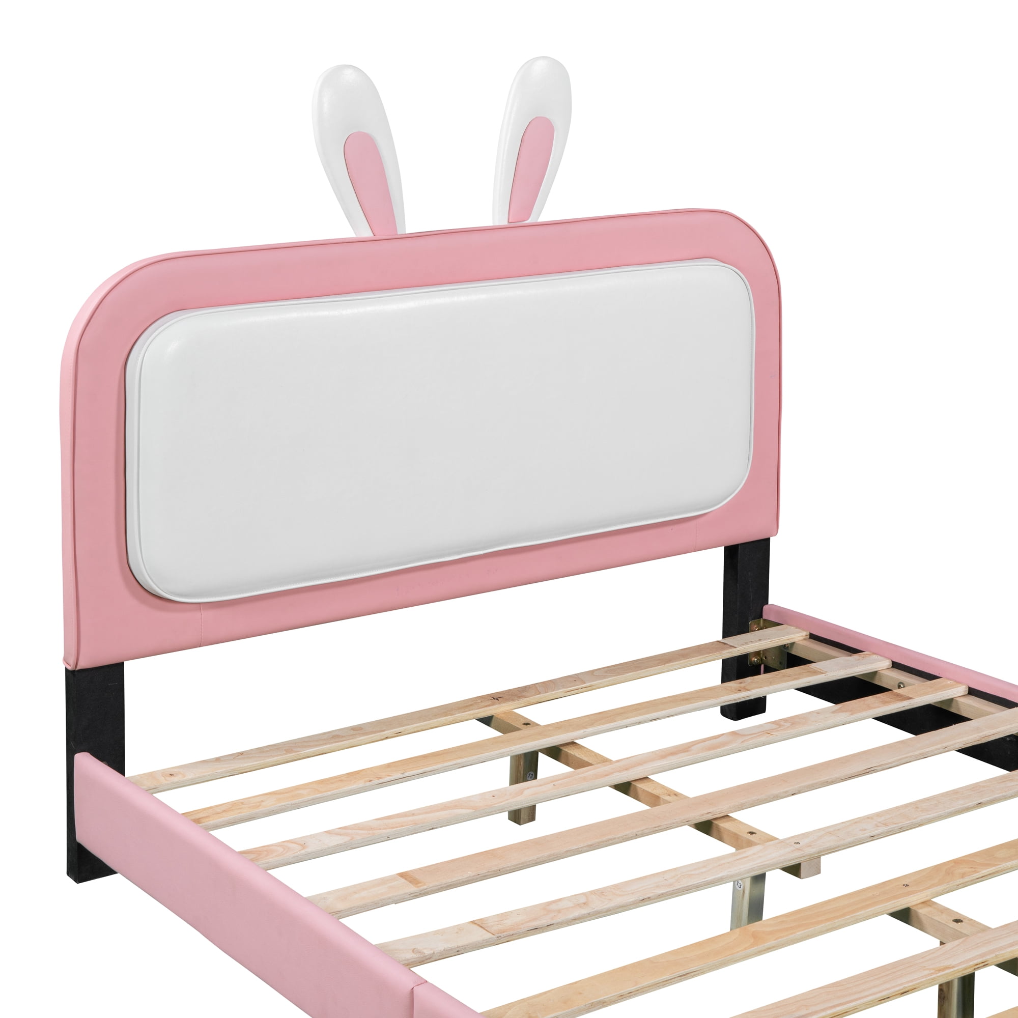 Aukfa Upholstered Platform Bed with Rabbit-Shape Headboard and Footboard, Full Size Princess Bed for Kids - White