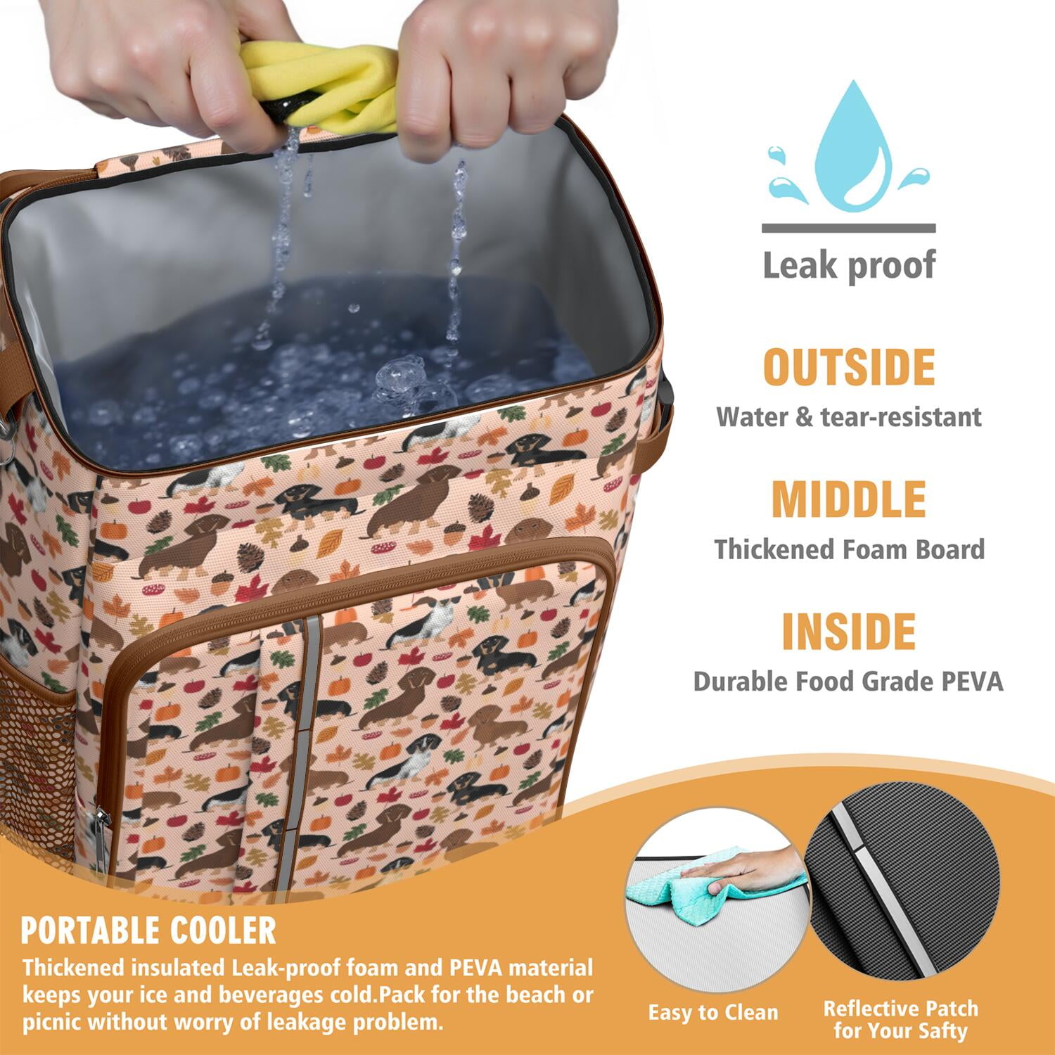 Travel Cooler Bag - Fall Dachshund and Pumpkin Camping Beer Cooler Backpack with Bottle Opener- Waterproof Insulated Picnic Backpacks - Cooler Bag for Beach