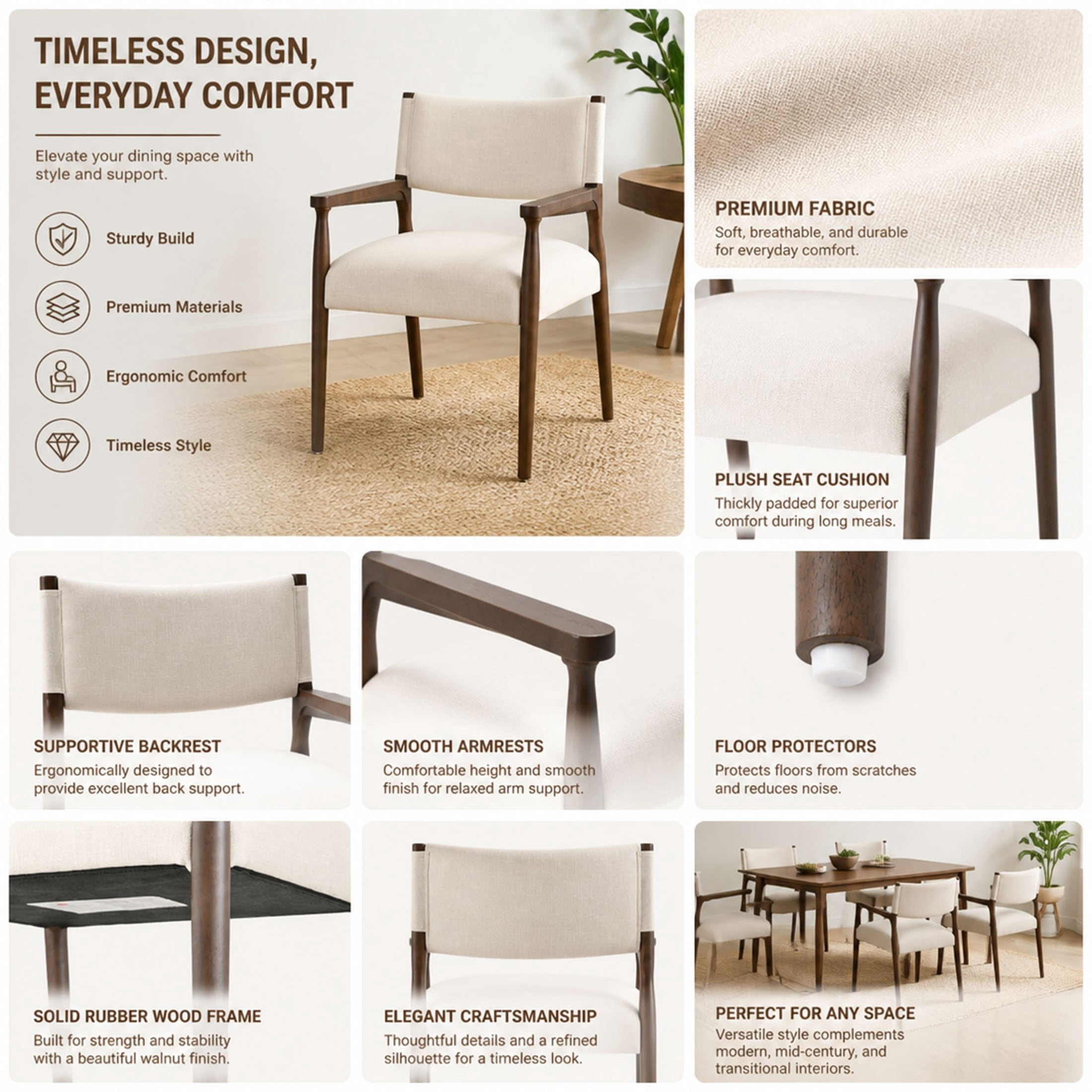 Christopher Knight Home 7-Piece Modern Dining Table with 6 Upholstered Armchairs Set, Walnut+Beige
