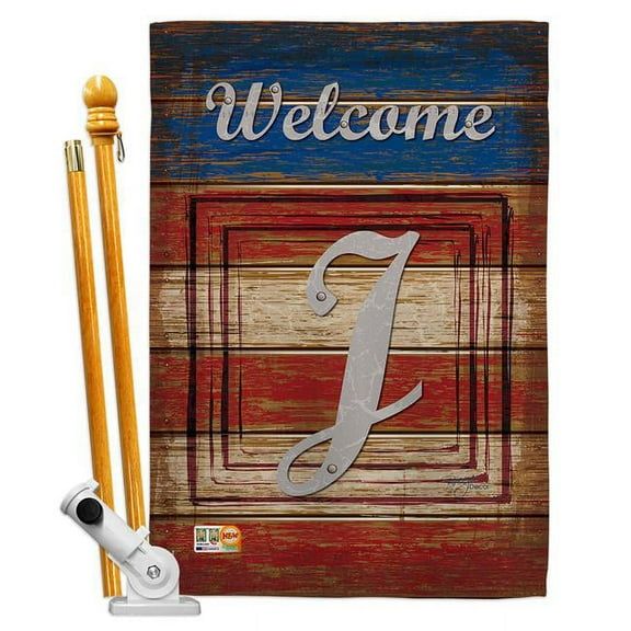 Breeze Decor BD-PA-HS-130114-IP-BO-D-US14-BD 28 x 40 in. Patriotic J Initial Americana Impressions Decorative Vertical Double Sided House Flag Set & Pole Bracket Hardware