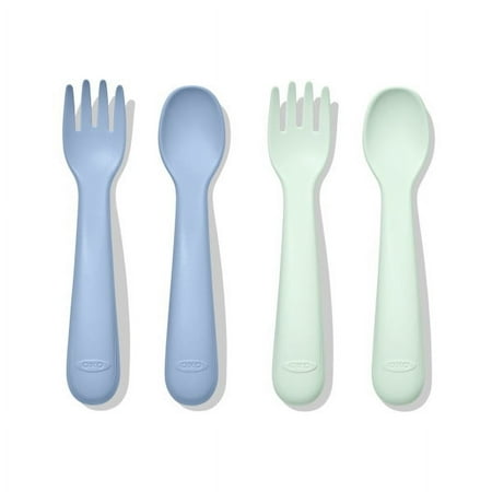 OXO Tot Toddler Plastic Fork and Spoon 4 Piece Set for 12+ Months, Opal and Dusk