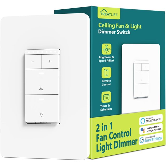 Treatlife Control Inteligente Del Ventilador De Techo Y Atenuador De Luz Se Necesita Cable Neutro Combinación De Ventilador E Interruptor De Luz Wi-Fi Unipolar De 2,4 Ghz Funciona Con Alexa Google Hom