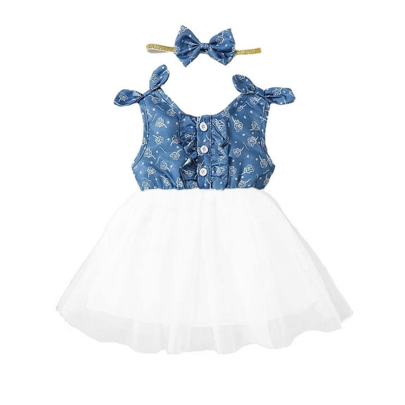 Kucnuzki Newborn Baby Girl Dress 9 Months Summer Dress 12 Months Sling Rose Prints Denim Upper Mesh Hemline Drees Headband 2PCS Set Blue