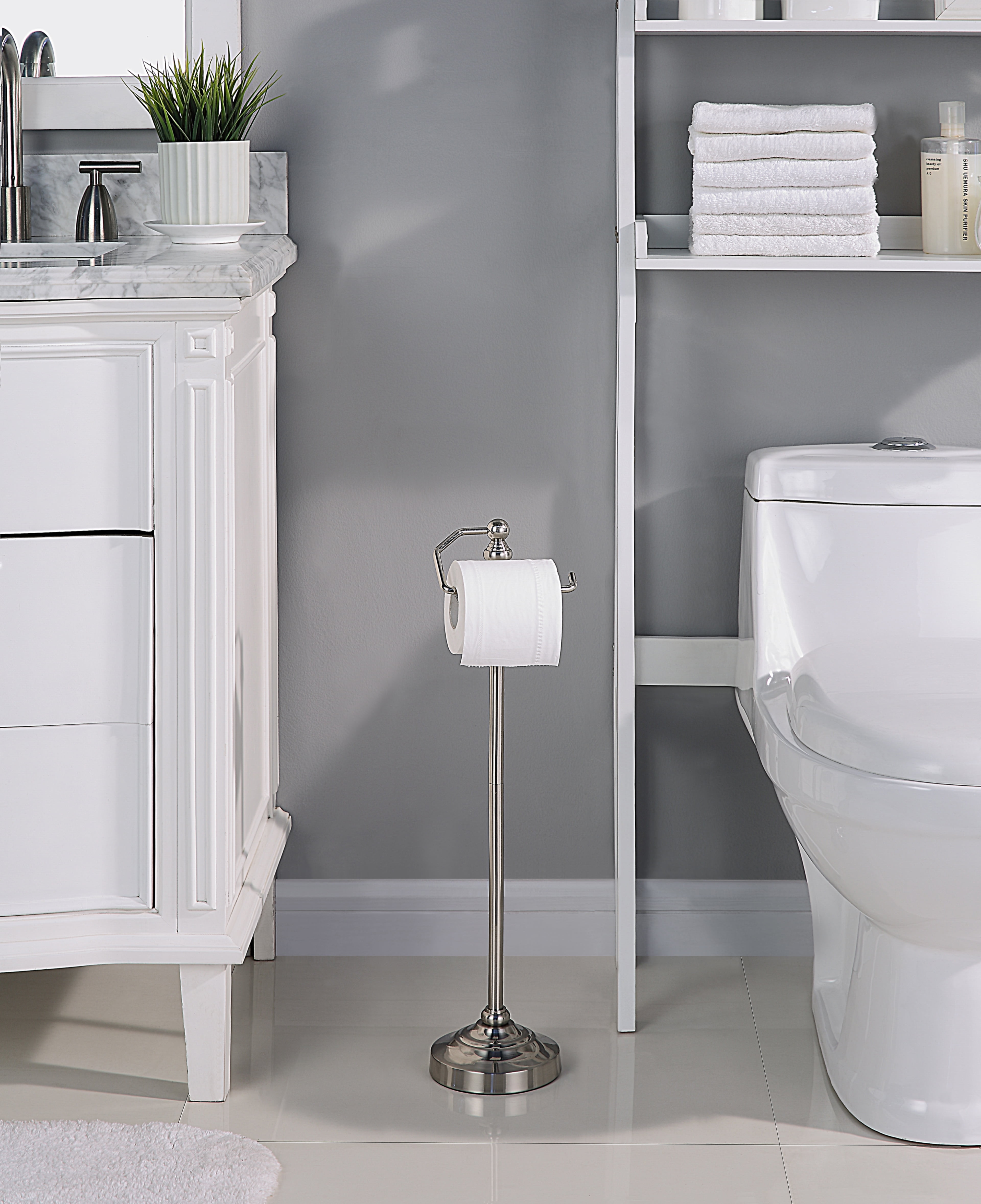 SunnyPoint Deluxe Free Standing Heavy Weighted Toilet Tissue Paper Roll Holder Stand (Brushed Nickel)