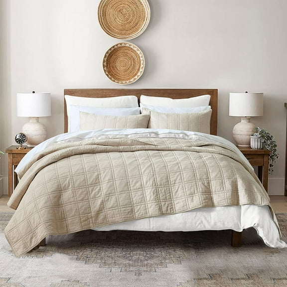100% Cotton Quilt Queen Size Beige Bedspread, Pre-Washed 3-Piece Cozy Lightweight Stitching Decorative Bedding Cover Coverlet Set with 2 Shams in Geometric Pattern for All Season