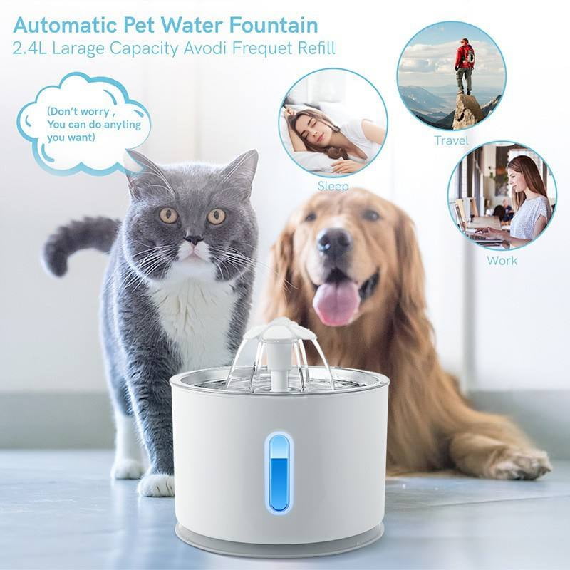 Pet Daily Kit Fountain, Automatic Pet Water Fountain, 2.4L Large Capacity Pet Fountain Stainless Steel Top LED Flower Drinking Dispenser Mute Water Feeder