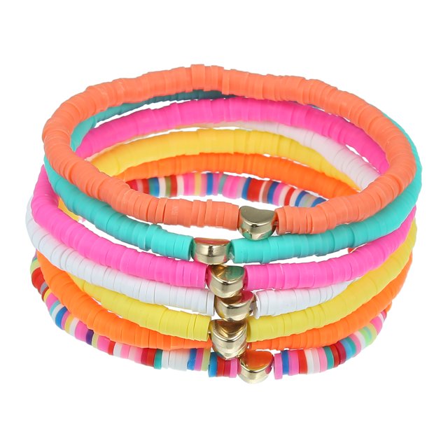 Unique Bargains 1Set Bracelets Multicolor Heart Bracelet for Women Stackable Polymer Clay Beaded Bracelets Summer Beach