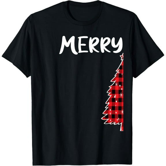 Merry Christmas Tree Buffalo Plaid Xmas Couples Matching T-Shirt