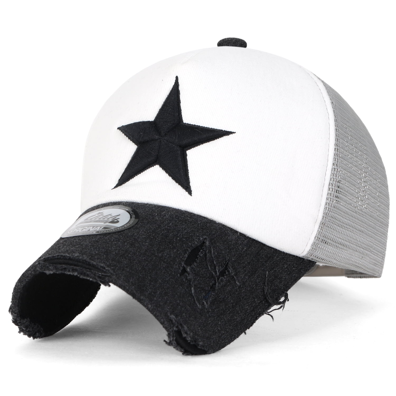 ililily Star Embroidery Black White Trucker Hat Adjustable Cotton Baseball Cap