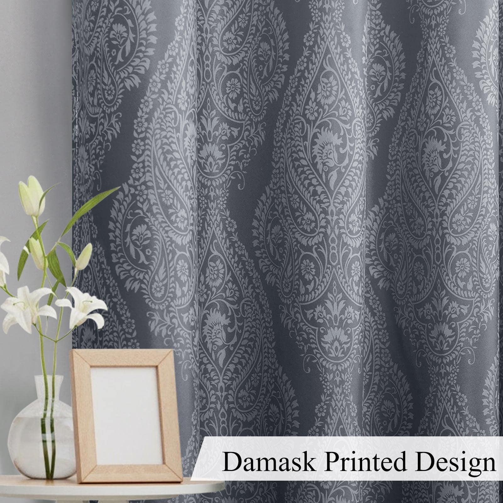 DWCN Ombre Blackout Curtains–Damask Patterned Thermal Insulated Noise Reducing Grommet Curtains for Bedroom Living Room, 52 x 84 Inches, Set of 2 Panels with Tiebacks, Grey
