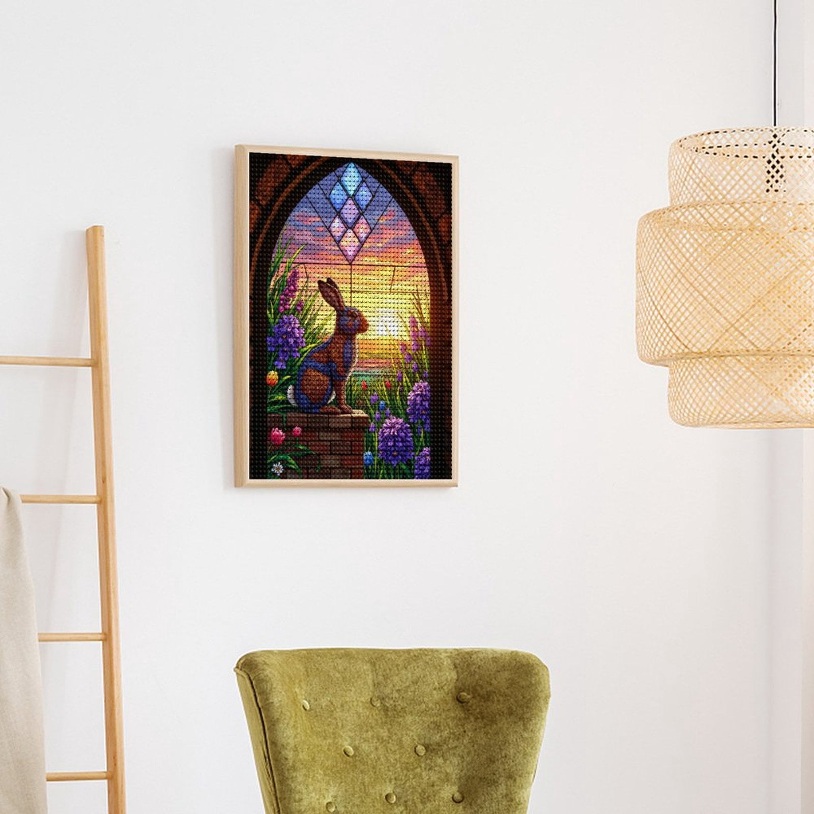 Diamond Art Kits for Adults, Rabbit Sunset Floral Stained Glass 5D Diamond Painting Kits for Adults Beginners, DIY Full Drill Diamond Painting, Gem Art and Crafts 12x16