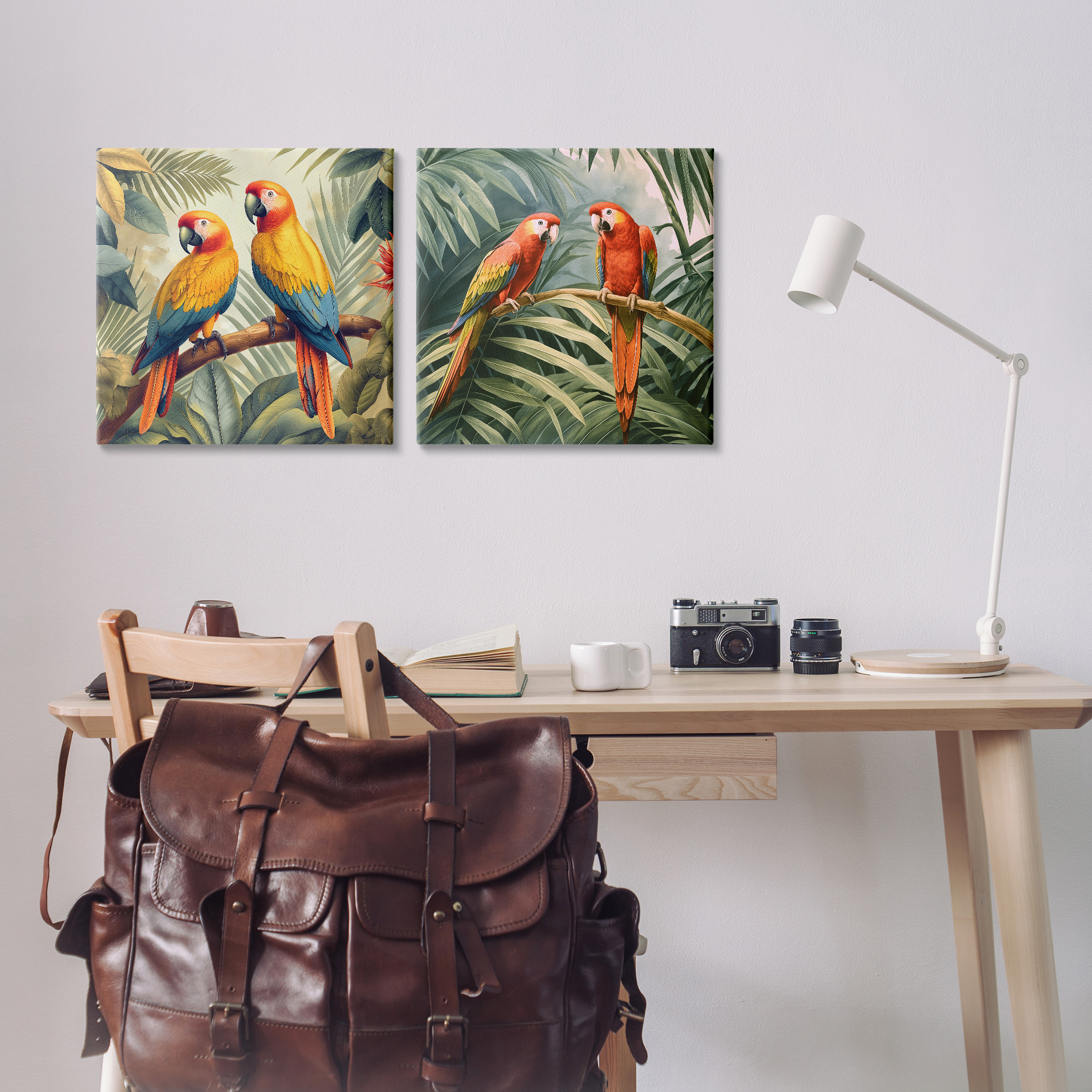 Stupell Industries Resting Parrots Among Jungle Animals Painting Wrapped Canvas Art Print Wall Art, 17 x 17, Set of 2