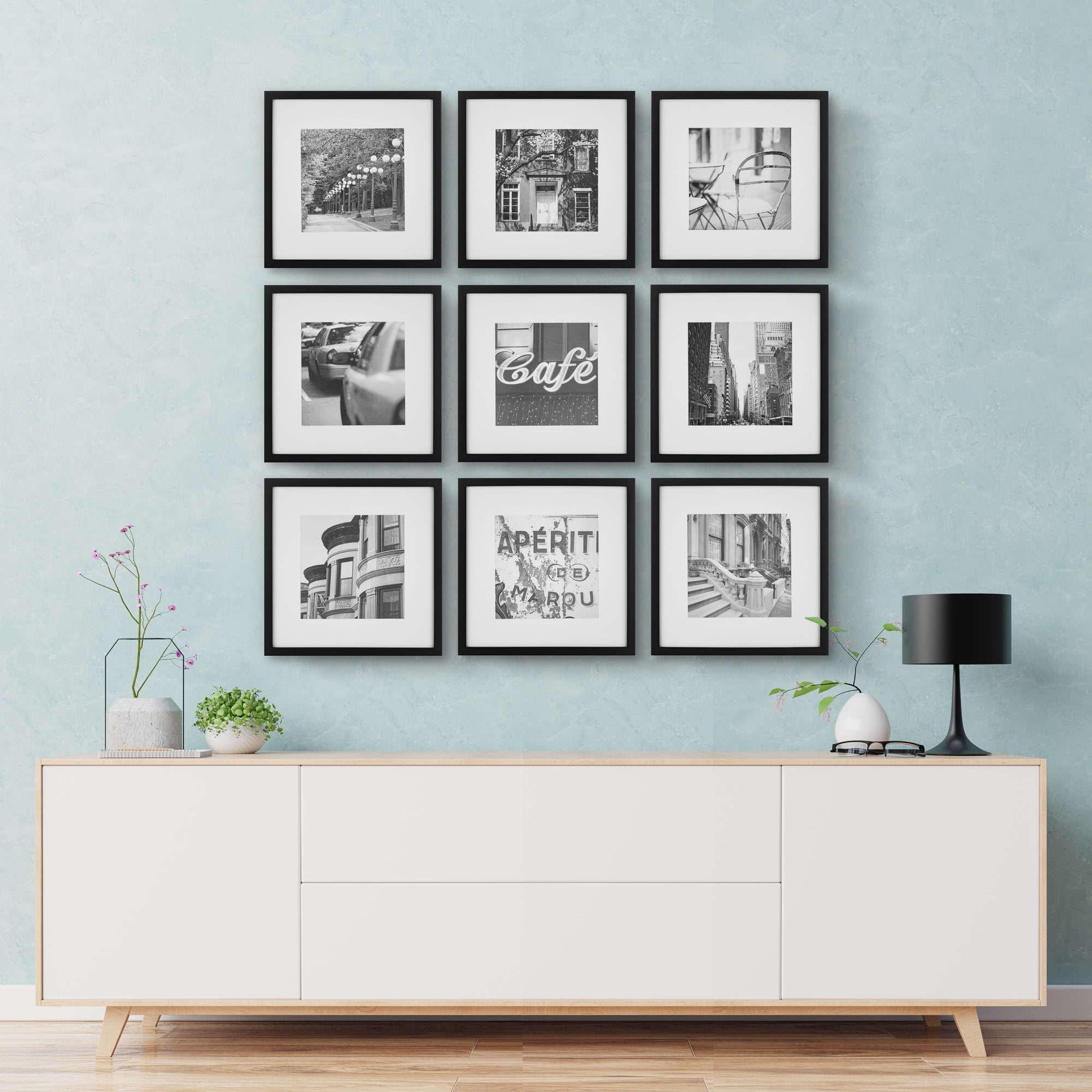 Gallery Perfect Black Gallery Wall Picture Frame White Mat Set for 8" x 8" or 12" x 12" Photos 9-Piece