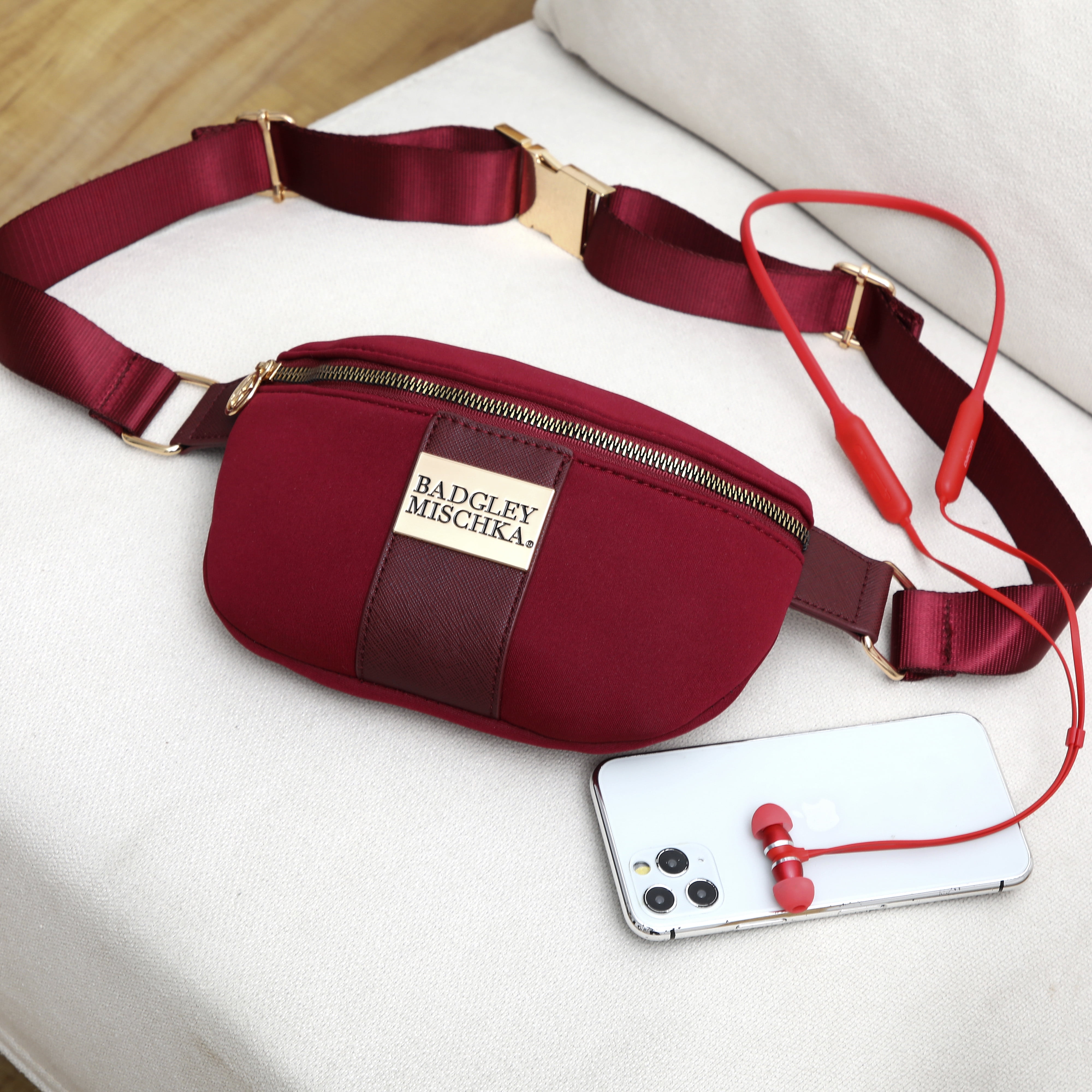 BADGLEY MISCHKA Sage Scuba and Vegan Leather Belt Bag (Burgundy)