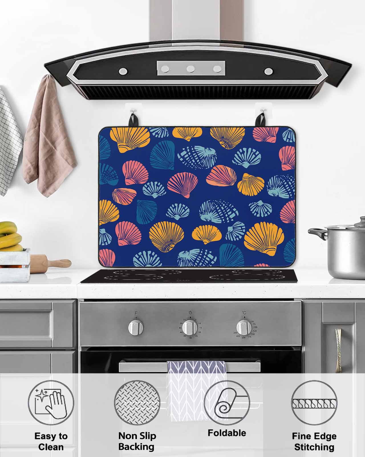 nqOlkjepod Large Induction Cooktop Protector Mat 36"x21", Colorful Shell Stove Top Covers for Electric Stove, Navy Blue Summer Beach Coastal Decorative Stove Burner Cover Mats, Glass Top Stove Cover