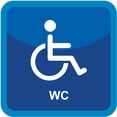 thumbnail image 1 of Señalamiento: "Baños, sanitarios, WC para personas en silla de ruedas", azul y blanco. Plástico estireno calibre 40, medidas: 20 x 20 cm, ideal para interiores. Letrero, Señal informativa cuadrada., 1 of 4