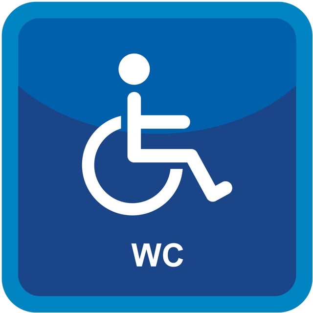Señalamiento: "Baños, sanitarios, WC para personas en silla de ruedas", azul y blanco. Plástico estireno calibre 40, medidas: 20 x 20 cm, ideal para interiores. Letrero, Señal informativa cuadrada.