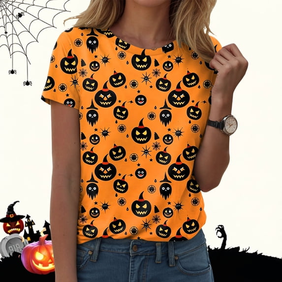Akiihool Linen Shirts for Women Summer Halloween T Shirt Women Vintage Graphic Coffee Tees Shirt Short Sleeve Casual Funny Halloween Party Shirts (Orange,L)