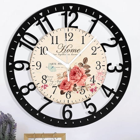 10 Inch Wrought Iron Wall Clock Art Hanging Clocks Silent Non-Ticking Wall Clock Battery Operated Round Home Flowers Style Arabic Numeral Decorative Wall Clocks 25cm Style 10×10inch(25×25c