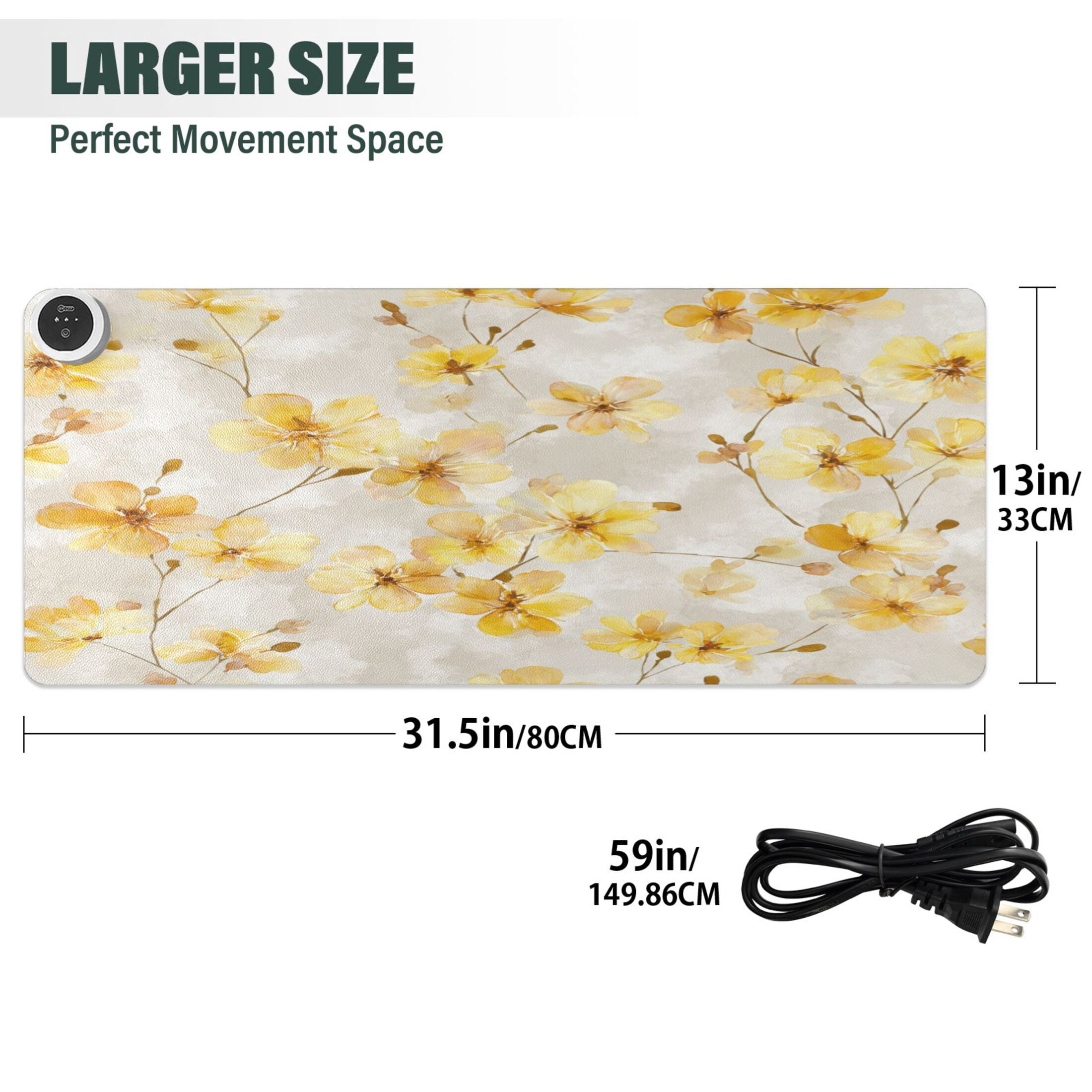 Large Heated Desk Mat Mouse Pad 31.5"x13"PU Leather Graphene Heating Desk Warmer with 3 Temperature Settings 110V US Plug Non-Slip Warm Pad for Home, Office, and Gaming Cream Yellow Watercolor Floral