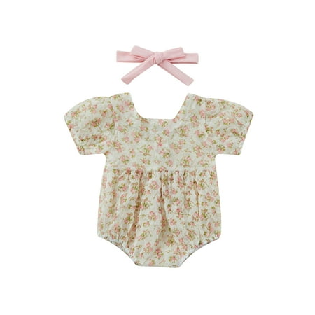 

Sunisery Summer Toddler Baby Girls Jumpsuit Flower Print Square Neck Short Sleeve Bodysuit+Headband Outfits