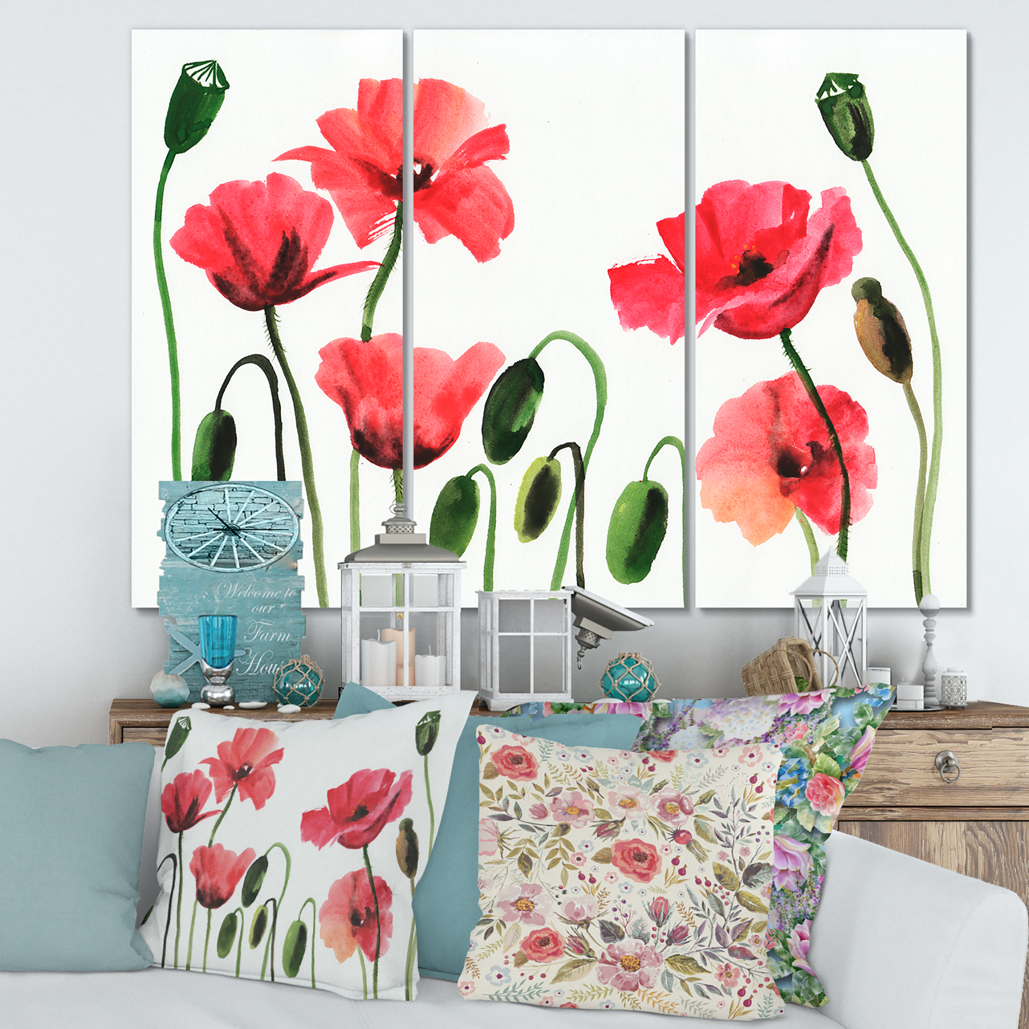 Designart ' Ancient Red Blooming Poppies ' Traditional Canvas Wall Art Print