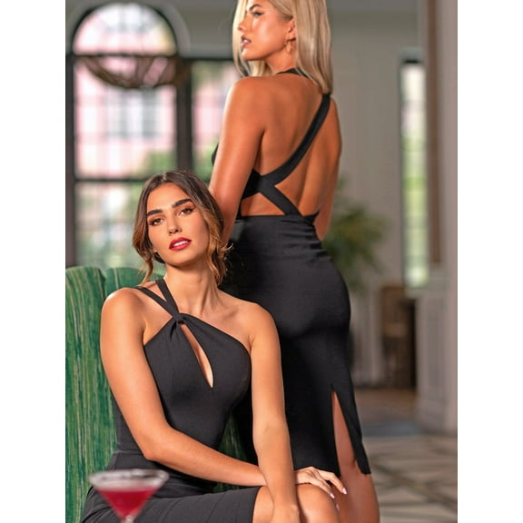 Dress the Population Eliseo Asymmetric Cutout One Shoulder Bodycon Midi Dress, Black, Small