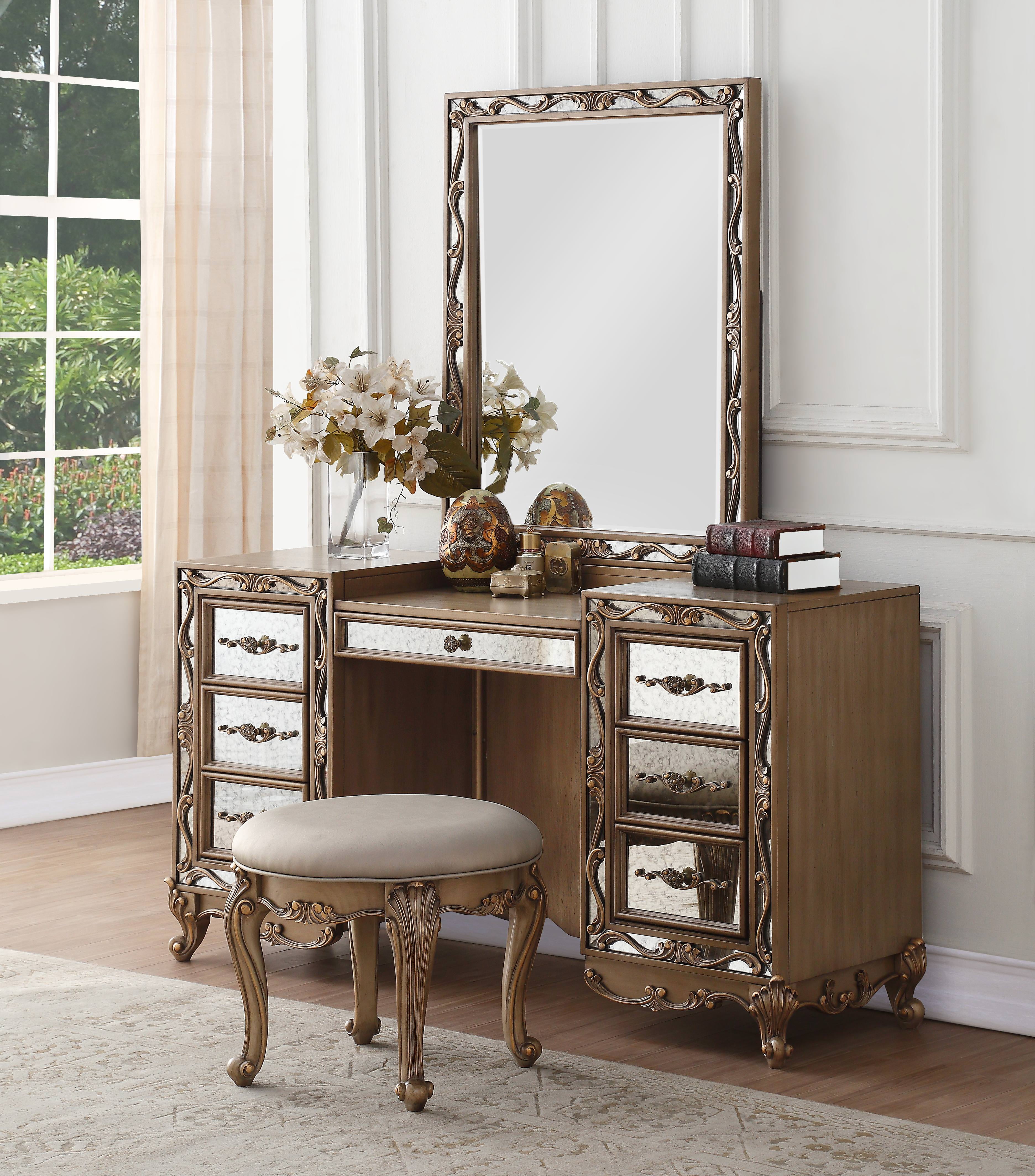 Acme Orianne Vanity Desk With 7 Drawers In Antique Gold Walmart