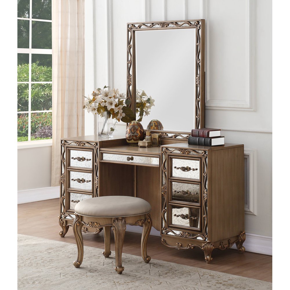 Acme Orianne Vanity Desk with 7 Drawers in Antique Gold