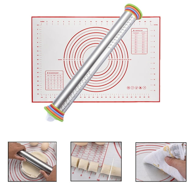 MORESEC 2Pcs Adjustable Rolling Pin Set, Stainless Steel Dough Roller with 8 Rings, Includes Baking Mat with Measurements, Non-Stick Easy to Clean, 4 Thickness Discs 2mm to 10mm