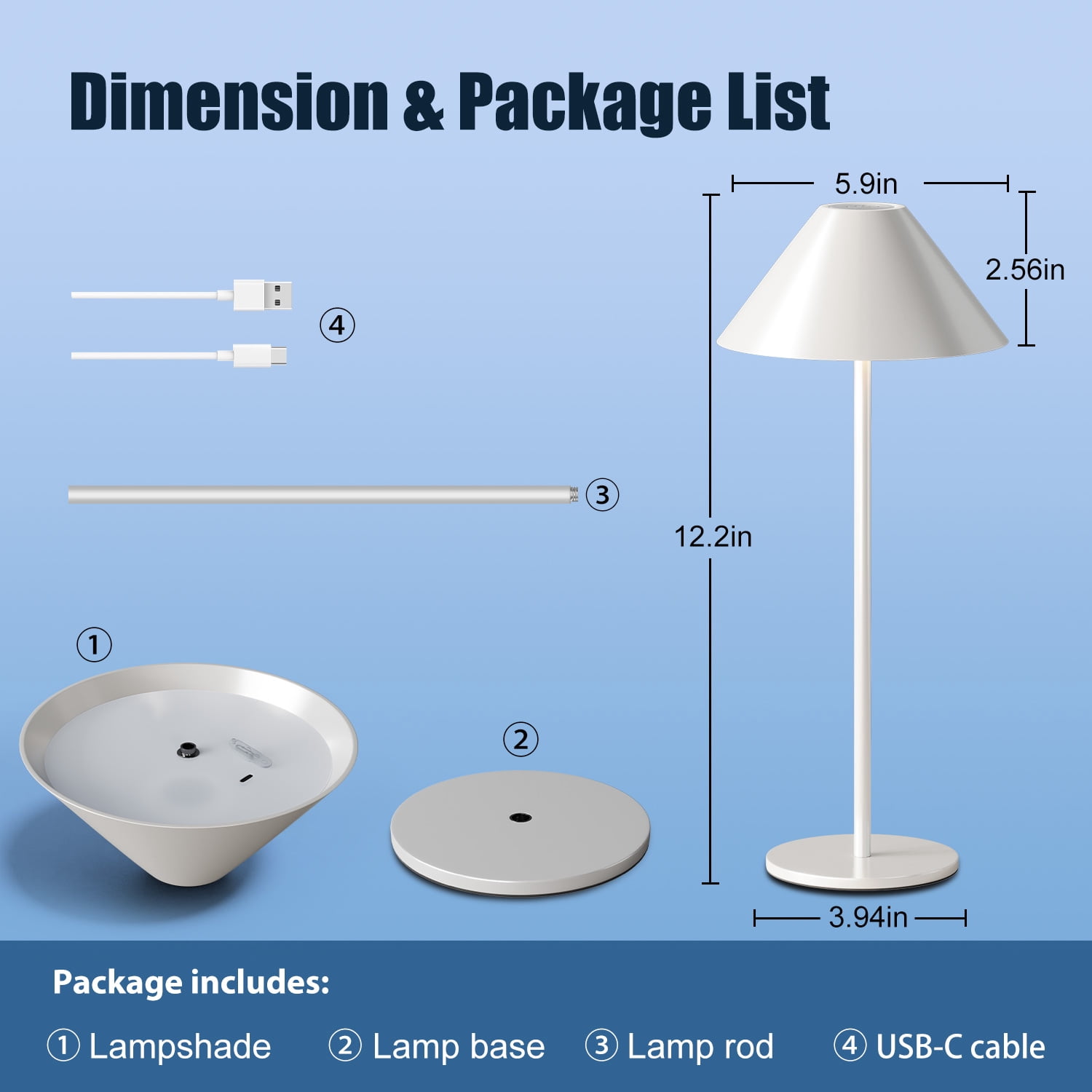 LED Cordless Dimmable Table Lamp, Long Lasting 4000mAh Rechargeable Battery Operated, 240LM, White，Pack of 2
