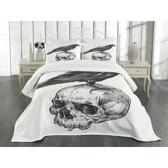 Ambesonne Scary Quilted Bedspread Set 3 Pcs, Sketchy Old Skull Image, Queen Size, Charcoal Grey White