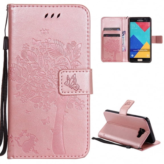 Galaxy A5 2016 Case, Samsung Galaxy A5 Case, Allytech [Embossed Cat & Tree] Slim PU Leather Case Full Protective Flip Kickstand Cover with Wrist Strap for Samsung Galaxy A5 2016 Version, Rose Gold