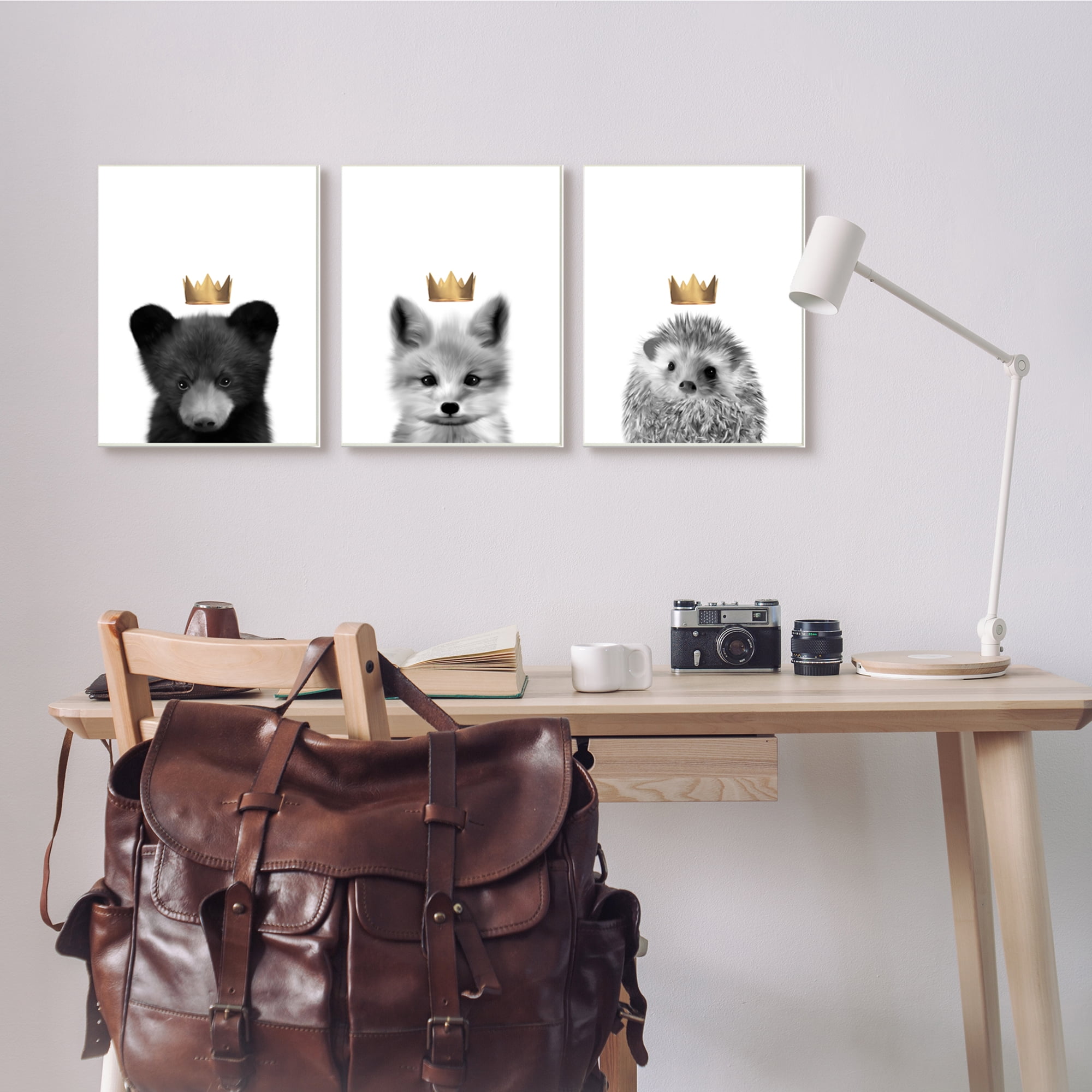 Stupell Indtries Woodland Animals Bold Crowns Black Bear Fox Hedgehog,13 x 19,Design by Leah Straatsma