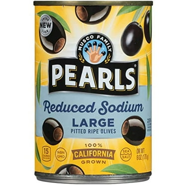 Pearls, Reduced-Sodium Ripe Black, Pitted Large Olives, Unflavored, 72 Ounce, 12 Count